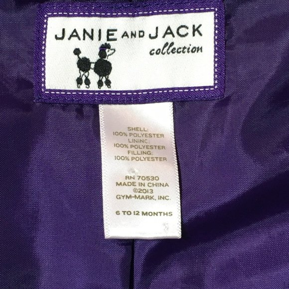 Janie and Jack Collection Girls 6-12M Jacket Quilted Coat Purple Full Zip Jacket - Picture 4 of 6